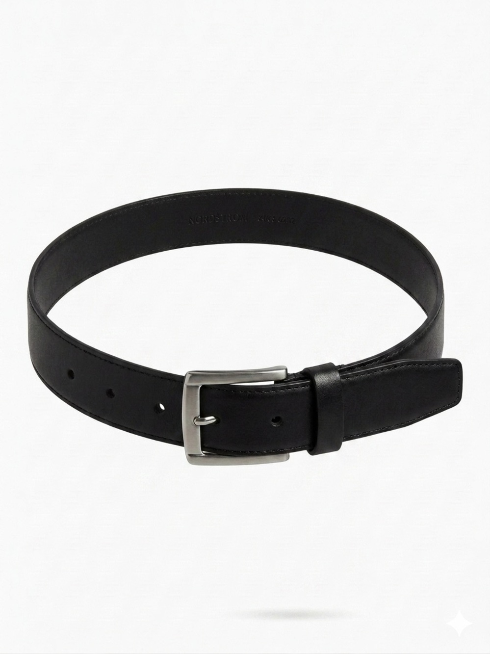 NWT Nordstrom 1816 Black Leather Belt, Size 34, Brushed Silver Hardware